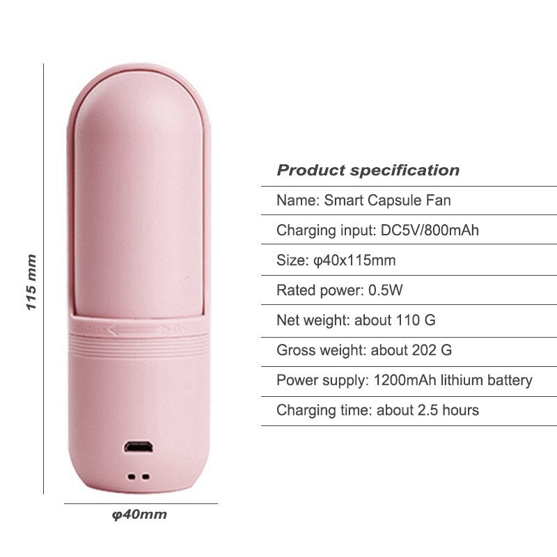 Portable Smart Capsule Fan with Rechargeable Built-in Battery 800mA USB Port Handy Air Cooling